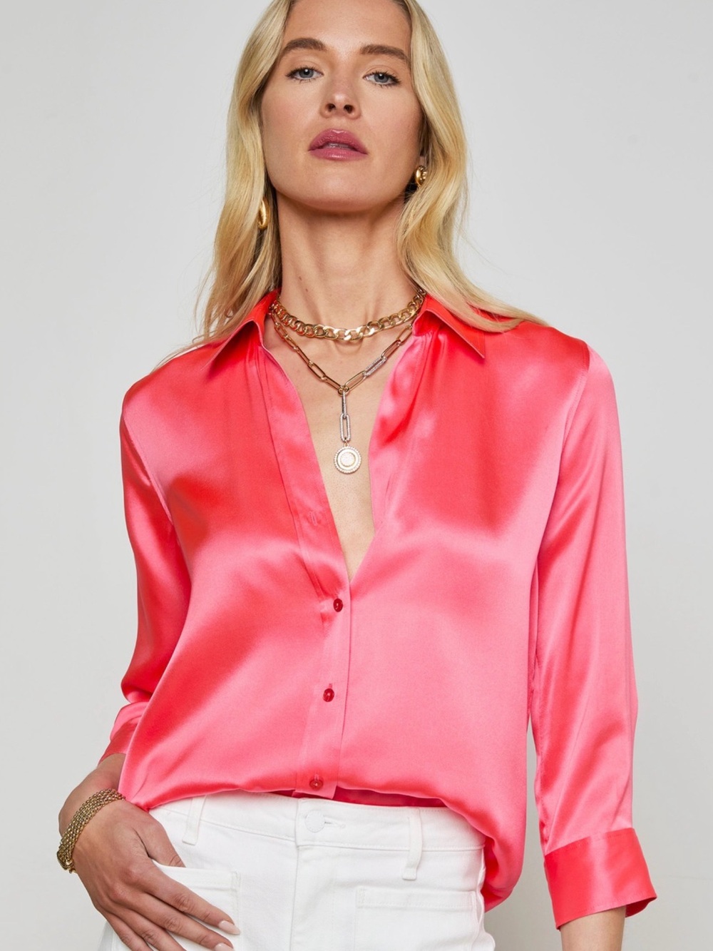 Silky Coral Button-Front Women’s Blouse